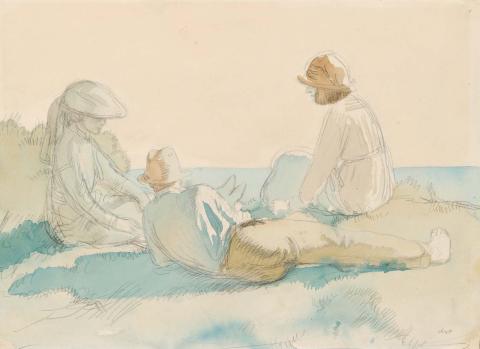 Artwork (Three people relaxing on the grass overlooking the sea) this artwork made of Watercolour over pencil on paper, created in 1910-01-01