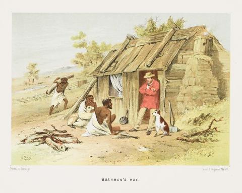 Artwork Bushman's hut (from 'The Australian sketchbook') this artwork made of Colour lithograph on smooth wove paper, created in 1865-01-01