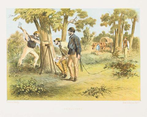 Artwork Surveyors (from 'The Australian sketchbook') this artwork made of Colour lithograph on smooth wove paper, created in 1865-01-01