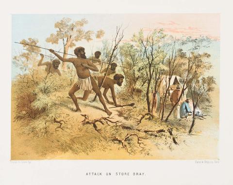 Artwork Attack on store dray (from 'The Australian sketchbook') this artwork made of Colour lithograph on smooth paper, created in 1865-01-01