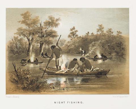 Artwork Night fishing (from 'The Australian sketchbook') this artwork made of Colour lithograph on smooth wove paper, created in 1865-01-01