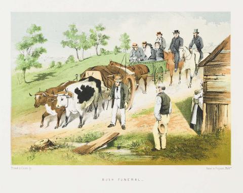 Artwork Bush funeral (from 'The Australian sketchbook') this artwork made of Colour lithograph on smooth wove paper, created in 1865-01-01