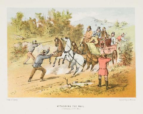 Artwork Attacking the mail (Bushranging, NSW, 1864) (from 'The Australian sketchbook') this artwork made of Colour lithograph on smooth wove paper, created in 1865-01-01