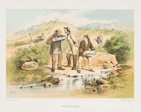 Artwork Prospecting (from 'The Australian sketchbook') this artwork made of Colour lithograph on smooth wove paper, created in 1865-01-01