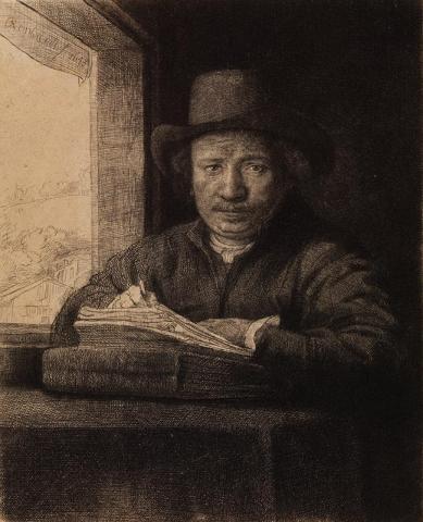 Artwork Rembrandt drawing at a window this artwork made of Etching on thin laid paper, created in 1648-01-01