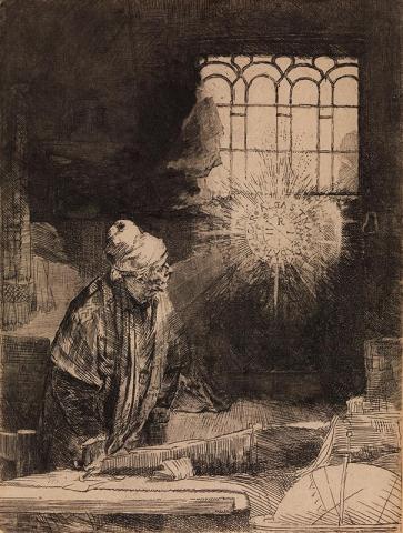 Artwork Faust in his study, watching a magic disk this artwork made of Etching on laid paper, created in 1642-01-01