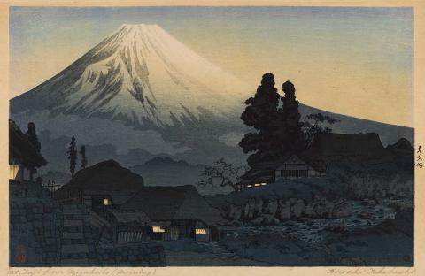 Artwork Mt Fuji from Mizukubo (Morning) this artwork made of Colour woodblock print, created in 1931-01-01