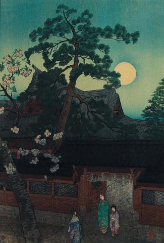 Artwork Moon rising at Nezu Gongen Shrine, Tokyo this artwork made of Colour woodblock print