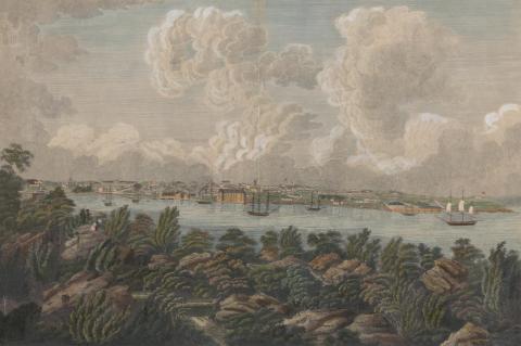 Artwork Sydney from Bennelong's Point this artwork made of Engraving, hand coloured on paper, created in 1820-01-01