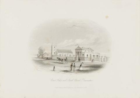 Artwork Court House and Scotch Church, Parramatta (no. 17 from 'Landscape scenery, illustrating Sydney, Parramatta, Richmond, Maitland, Windsor and Port Jackson, New South Wales' series) this artwork made of Etching and engraving on wove paper, created in 1854-01-01