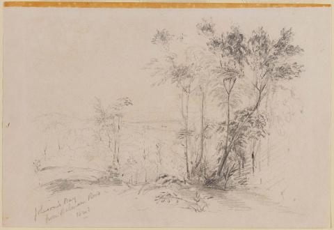 Artwork View of Johnson's Bay from Balmain Road this artwork made of Pencil on wove paper, created in 1843-01-01