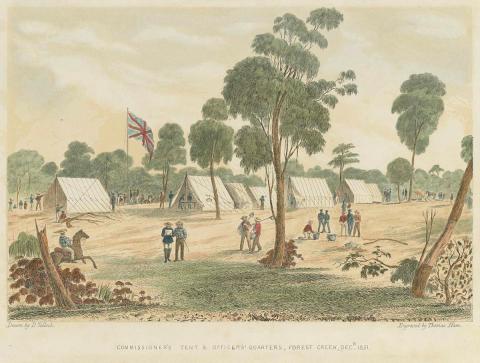 Artwork Commissioner's tent and officers' quarters, Forest Creek, December 1851 this artwork made of Colour lithograph with handcolouring on smooth wove paper, created in 1852-01-01