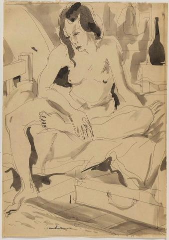 Artwork (Woman on a bed) this artwork made of Pen and ink and wash on thick cream cardboard, created in 1937-01-01