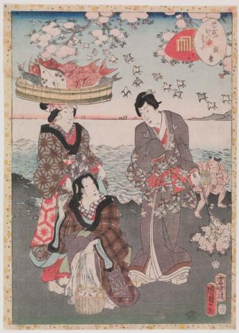 Artwork Mitate on chapter 12 from 'The Tale of Genji' this artwork made of Colour woodblock print on laid Oriental paper, created in 1857-01-01