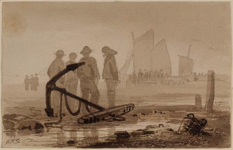 Artwork Untitled (Beach scene with fishermen) this artwork made of Wash and pen and brown ink over pencil on wove paper mounted on cream paper, created in 1850-01-01