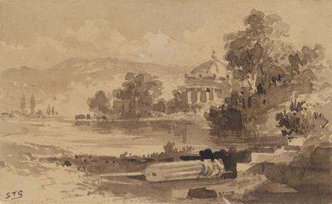 Artwork Untitled (river landscape with classic ruins) this artwork made of Wash and pen and brown ink over pencil on cream wove paper