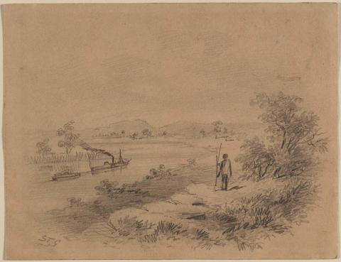 Artwork Untitled (Lower Murray) this artwork made of Pencil on brown paper, created in 1832-01-01