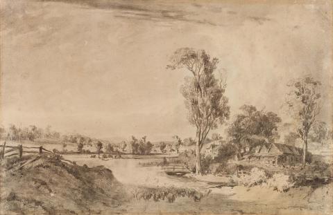 Artwork Study for 'Summer Evening near Templestowe' this artwork made of Charcoal on cream wove paper, created in 1856-01-01
