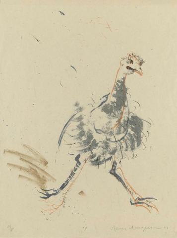Artwork Running emu this artwork made of Colour lithograph on thin brown Oriental paper, created in 1967-01-01