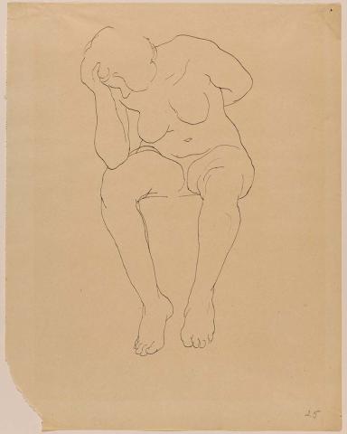 Artwork Untitled (female nude, seated with arm resting on dexter knee and head resting on hand) this artwork made of Pen and ink on cream wove paper, created in 1915-01-01
