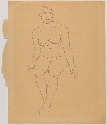 Artwork Untitled (female nude, seated with hands resting on seat) this artwork made of Pen and ink on cream wove paper, created in 1915-01-01