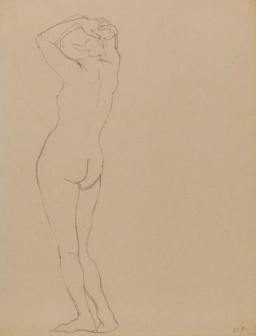 Artwork Untitled (back view of female nude, standing with hands on head and knees slightly bent) this artwork made of Pencil