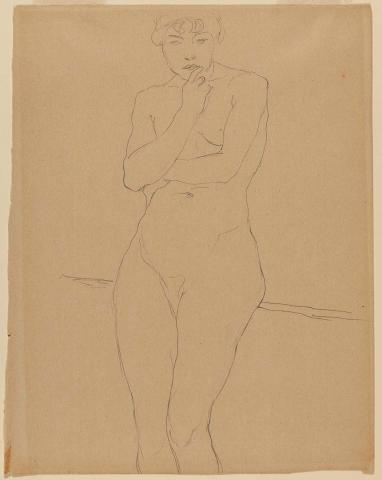 Artwork Untitled (female nude, standing with hand on chin) this artwork made of Pencil on buff-coloured wove paper, created in 1915-01-01