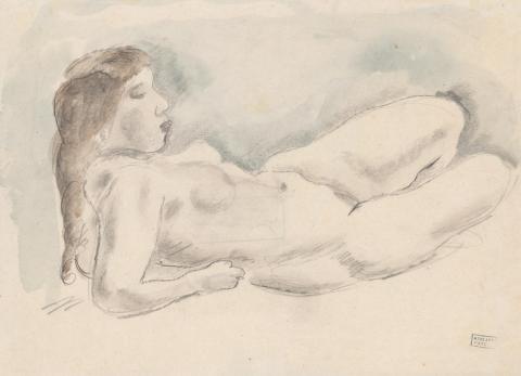 Artwork (Reclining female nude) this artwork made of Pencil and wash on thin wove paper, created in 1925-01-01