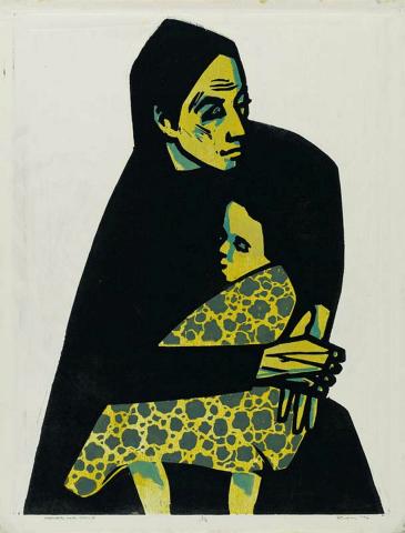 Artwork Mother and child this artwork made of Colour linocut on laid paper, created in 1974-01-01