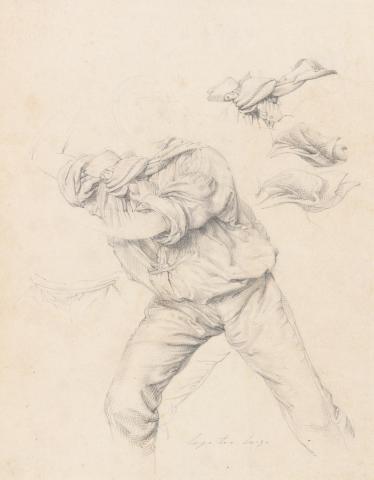 Artwork Studies of a man and details of costume for 'Black Thursday, 6th February, 1851' this artwork made of Pencil on smooth wove paper, created in 1861-01-01