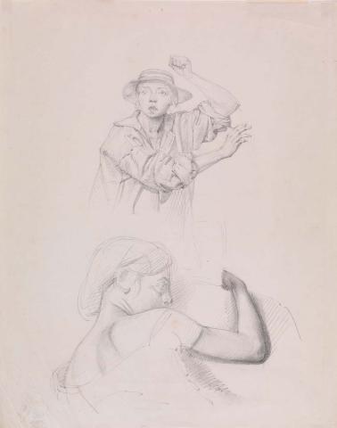 Artwork Study of a boy for 'Black Thursday, 6th February, 1851' and sketch of the head and shoulders of a girl this artwork made of Pencil on thin wove paper, created in 1861-01-01