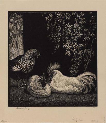 Artwork Repose (cocks) this artwork made of Wood engraving and woodcut on smooth cream laid Oriental paper, created in 1938-01-01