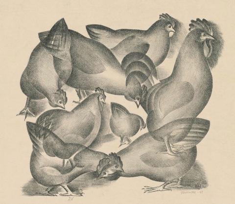 Artwork Chooks and rooster this artwork made of Lithograph on cream wove paper, created in 1947-01-01