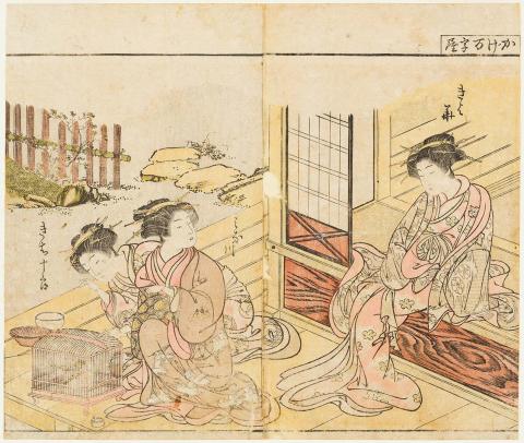 Artwork (Courtesans with a bird cage (from the album 'Seiro bijin-awase sugata-kagami' (Collected beauties of the green-houses)) this artwork made of Woodblock print, created in 1776-01-01