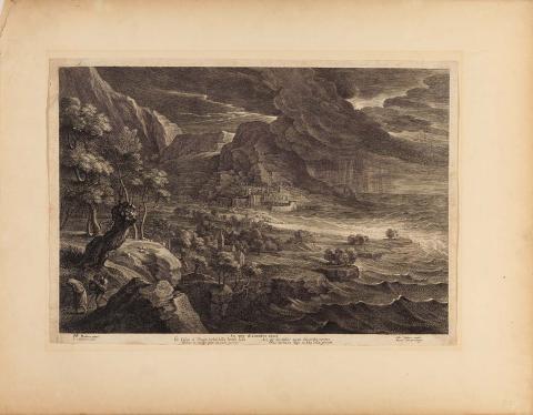 Artwork (Coastal landscape with ensuring storm) this artwork made of Copper plate engraving on paper, created in 1638-01-01