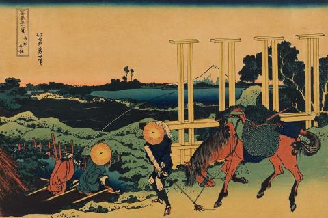 Artwork Bushu Senju (Senju in Masashi Province [Edo]) (A peasant with packhorse, and two men fishing) (no. 7 from 'Fugaku Sanju-Rokkei' (Thirty-six views of Mt Fuji) series) (reprint) this artwork made of Colour woodblock