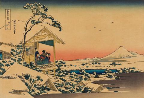 Artwork Koishikawa yuki no ashita (Snowy morning at Koishikawa) (Teahouse on left, ravens in the sky) (no. 24 from 'Fugaku Sanju-Rokkei' (Thirty-six views of Mt Fuji) series) (reprint) this artwork made of Colour woodblock