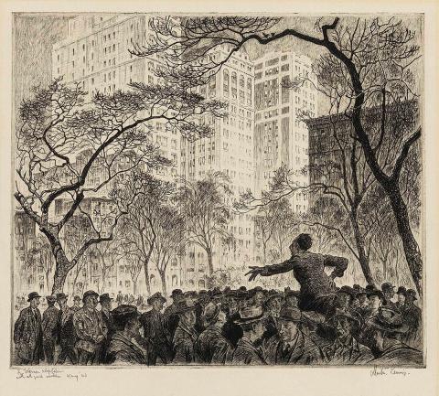 Artwork The orator, Madison Square this artwork made of Etching, roulette, sandpaper aquatint on cream laid paper, created in 1916-01-01