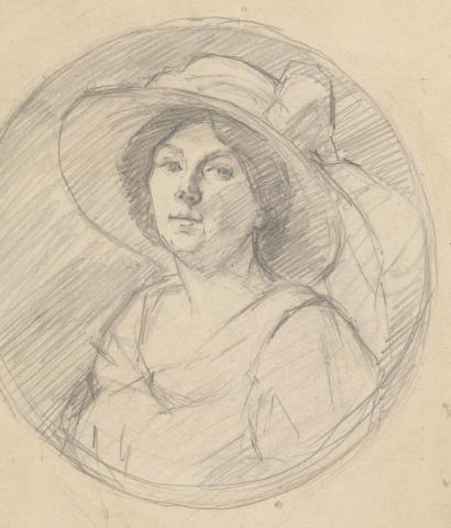 Artwork Untitled (sketch of a woman with a hat) this artwork made of Pencil