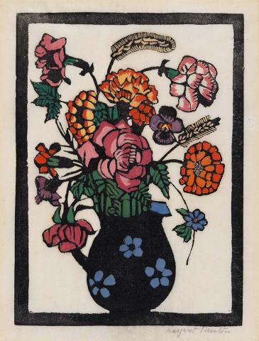 Artwork Jug of flowers this artwork made of Woodcut, hand-coloured on thin laid Oriental paper, created in 1924-01-01