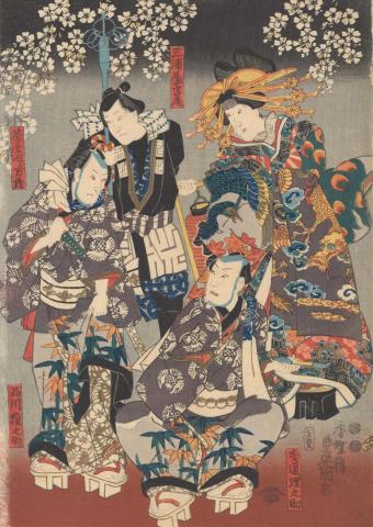 Artwork Four actors in the roles of Sadao Rinosuke, Shinagawa Okaminosuke, Chayasemari Manzo, Miura-ya Takao (centre panel of triptych 'Seven townsmen visiting the courtesan Takao') this artwork made of Colour woodblock print on laid Oriental paper, created in 1865-01-01