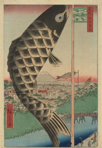 Artwork Suido-bashi, Surugadai (no. 63 from 'Meisho Edo hyakkei' series) (Suido Bridge, Surugadai (no. 63 from 'One hundred famous views of Edo' series)) this artwork made of Colour woodblock print, created in 1857-01-01