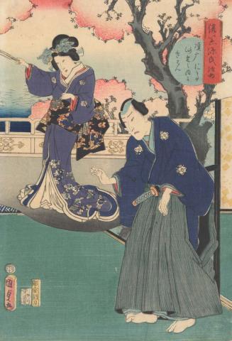 Artwork Scene from 'The Tale of Genji' (right-hand panel of triptych) this artwork made of Colour woodblock print on laid Oriental paper, created in 1860-01-01