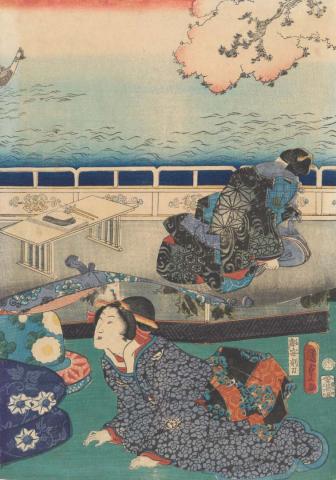 Artwork Scene from 'The Tale of Genji' (centre panel of triptych) this artwork made of Colour woodblock print
