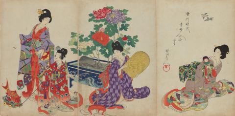 Artwork Women’s activities of the Tokugawa Era this artwork made of Colour woodblock print on paper, created in 1896-01-01
