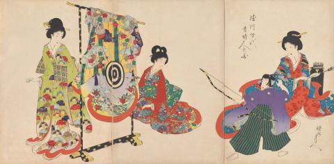 Artwork Women’s activities of the Tokugawa Era (archery) this artwork made of Colour woodblock print on paper, created in 1896-01-01