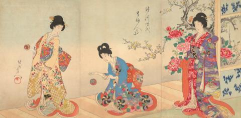 Artwork Women’s activities of the Tokugawa Era (Beauties playing ball) this artwork made of Colour woodblock print on paper, created in 1891-01-01