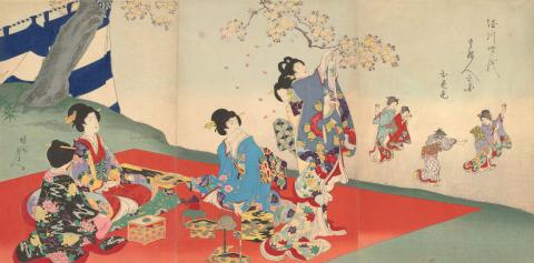 Artwork Women’s activities of the Tokugawa Era this artwork made of Colour woodblock print on paper, created in 1896-01-01