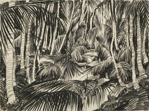Artwork Palm Grove, Lord Howe Island this artwork made of Crayon on thin wove paper, created in 1960-01-01