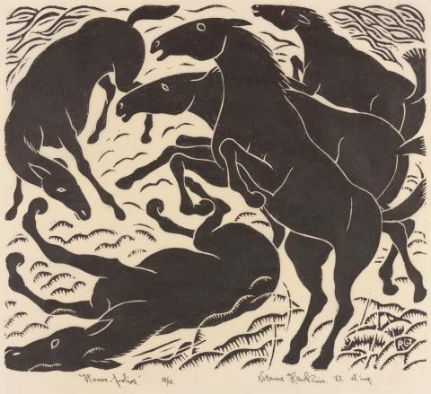 Artwork Horse-frolics this artwork made of Linocut on smooth wove paper, created in 1963-01-01